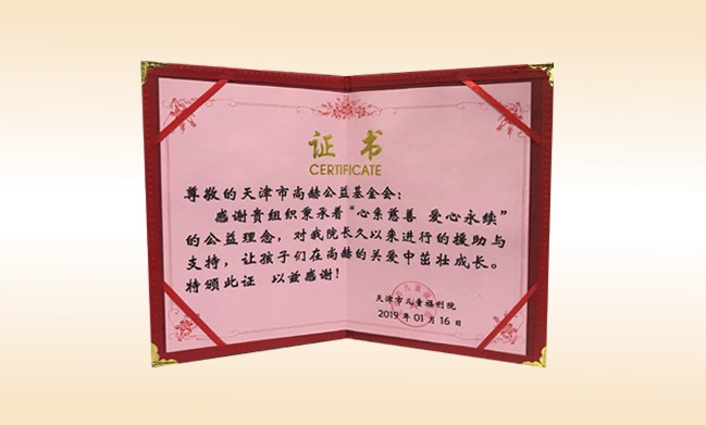 2019年1月-开云手机登录界面公益基金会荣获-天津市儿童福利院颁发的荣誉证书